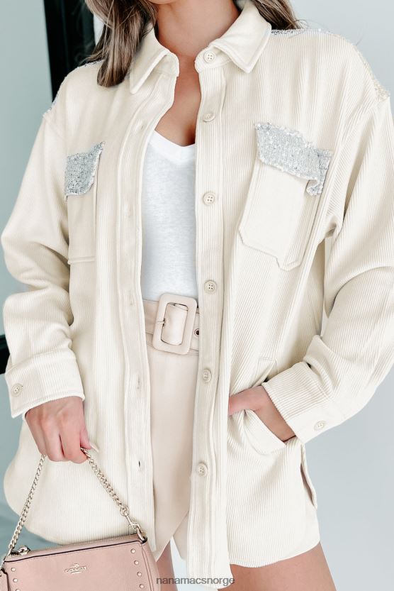 krem/sølv NanaMacs tilfeldig boujee ribbet paljett detaljert shacket 402NJ03664