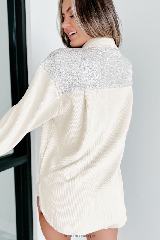 krem/sølv NanaMacs tilfeldig boujee ribbet paljett detaljert shacket 402NJ03664