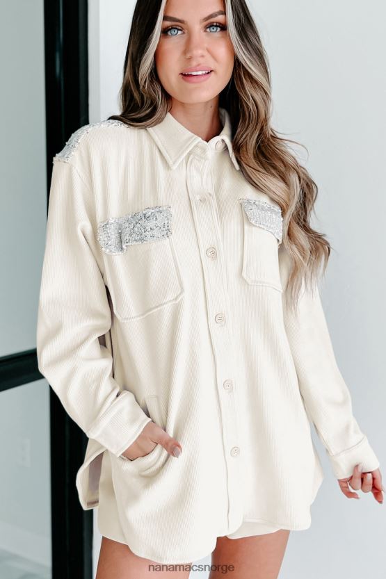 krem/sølv NanaMacs tilfeldig boujee ribbet paljett detaljert shacket 402NJ03664