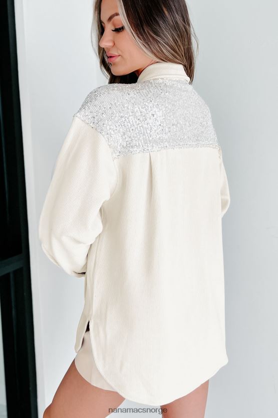 krem/sølv NanaMacs tilfeldig boujee ribbet paljett detaljert shacket 402NJ03664