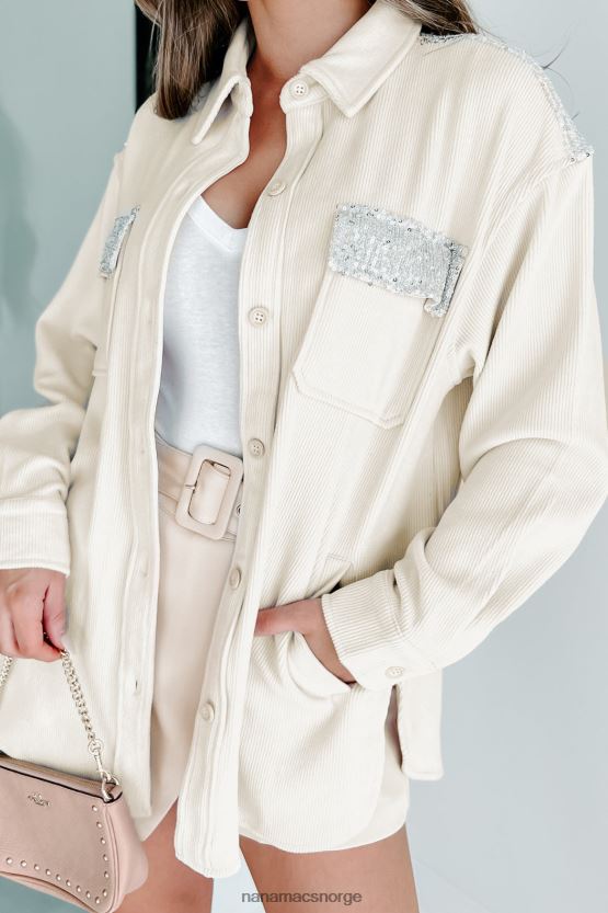 krem/sølv NanaMacs tilfeldig boujee ribbet paljett detaljert shacket 402NJ03664