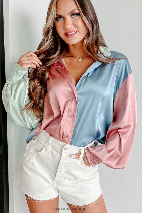 blå multi NanaMacs følelsen av liv med fargeblokkknapper med lange ermer foran 402NJ01706