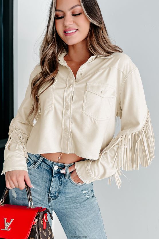 krem NanaMacs sparker opp støvknapp foran frynser langermet topp 402NJ01760