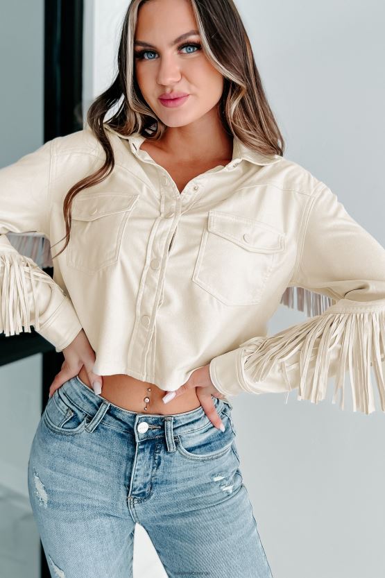 krem NanaMacs sparker opp støvknapp foran frynser langermet topp 402NJ01760