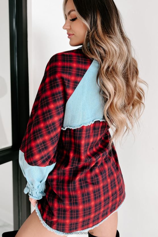 rød/denim NanaMacs forløsende funksjon blander media langermet topp 402NJ01762