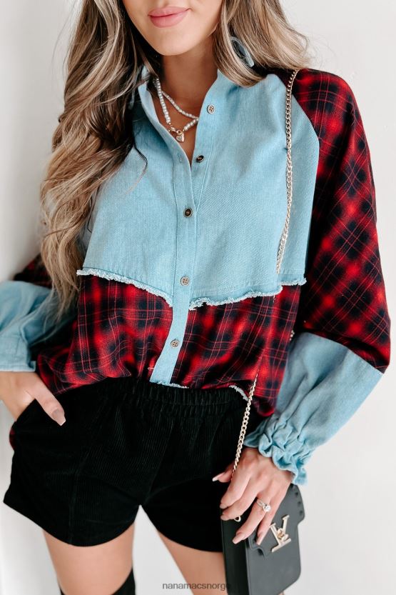 rød/denim NanaMacs forløsende funksjon blander media langermet topp 402NJ01762