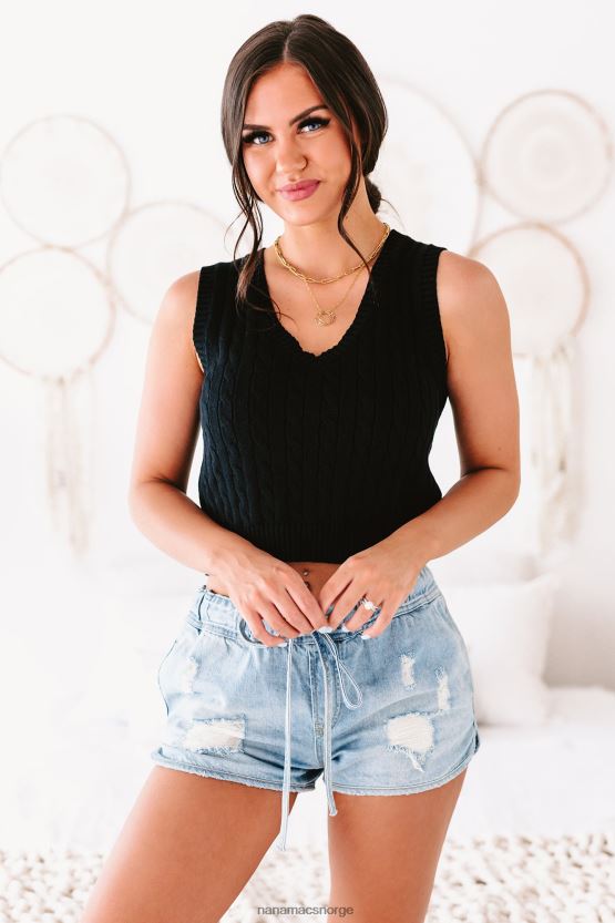 svart NanaMacs intellektuelle sysler kabel strikket beskåret genser vest 402NJ03836